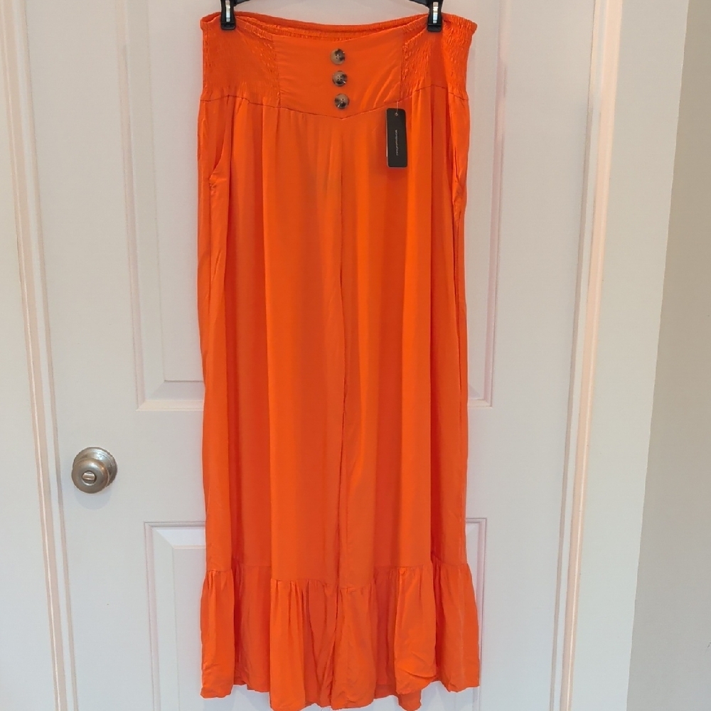 Jeramoda Peachy Orange Button-Front Stretchy Wide Leg Pants With Ruffle Hem